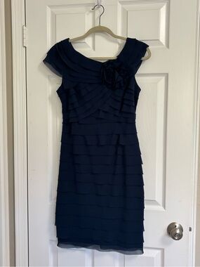 London Times Navy Layered Midi Dress with Rosette